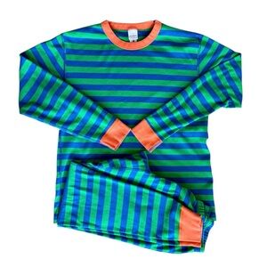 Hanna Andersson Stripe Blue and Green Pajama Set Orange Trim Women Medium Cotton